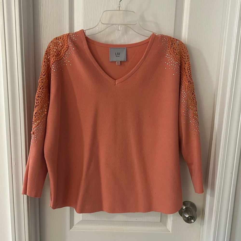 Liv Milano sweater.  Crocheted shoulders with embellishments. Peach colored